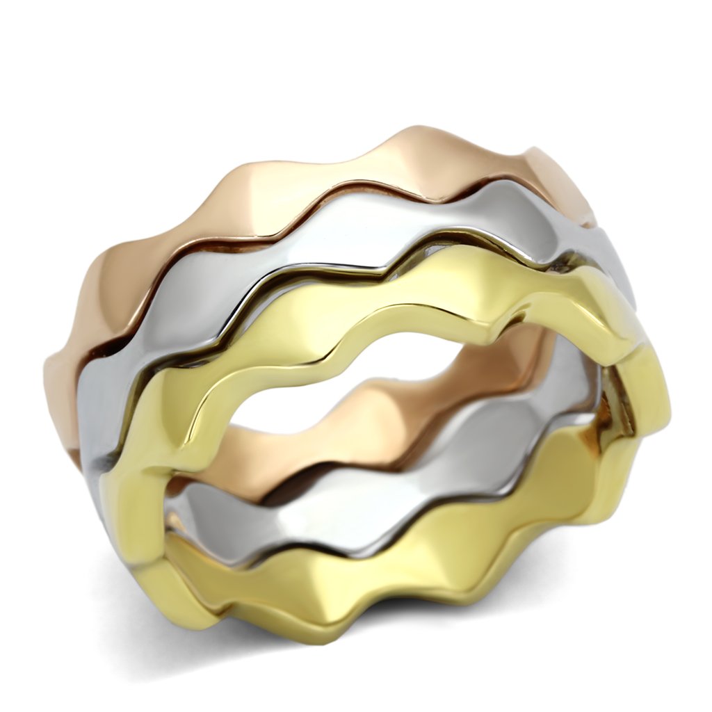 TK1002 Three Tone Stainless Steel Ring featuring IP Gold, IP Rose Gold, and high polished finish, showcasing its elegant design.