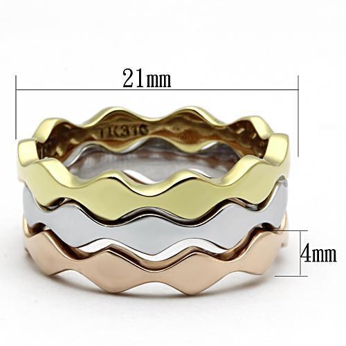 TK1002 Three Tone Stainless Steel Ring featuring IP Gold, IP Rose Gold, and high polished finish, showcasing its elegant design.