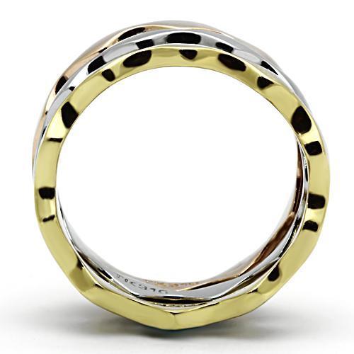 TK1002 Three Tone Stainless Steel Ring featuring IP Gold, IP Rose Gold, and high polished finish, showcasing its elegant design.