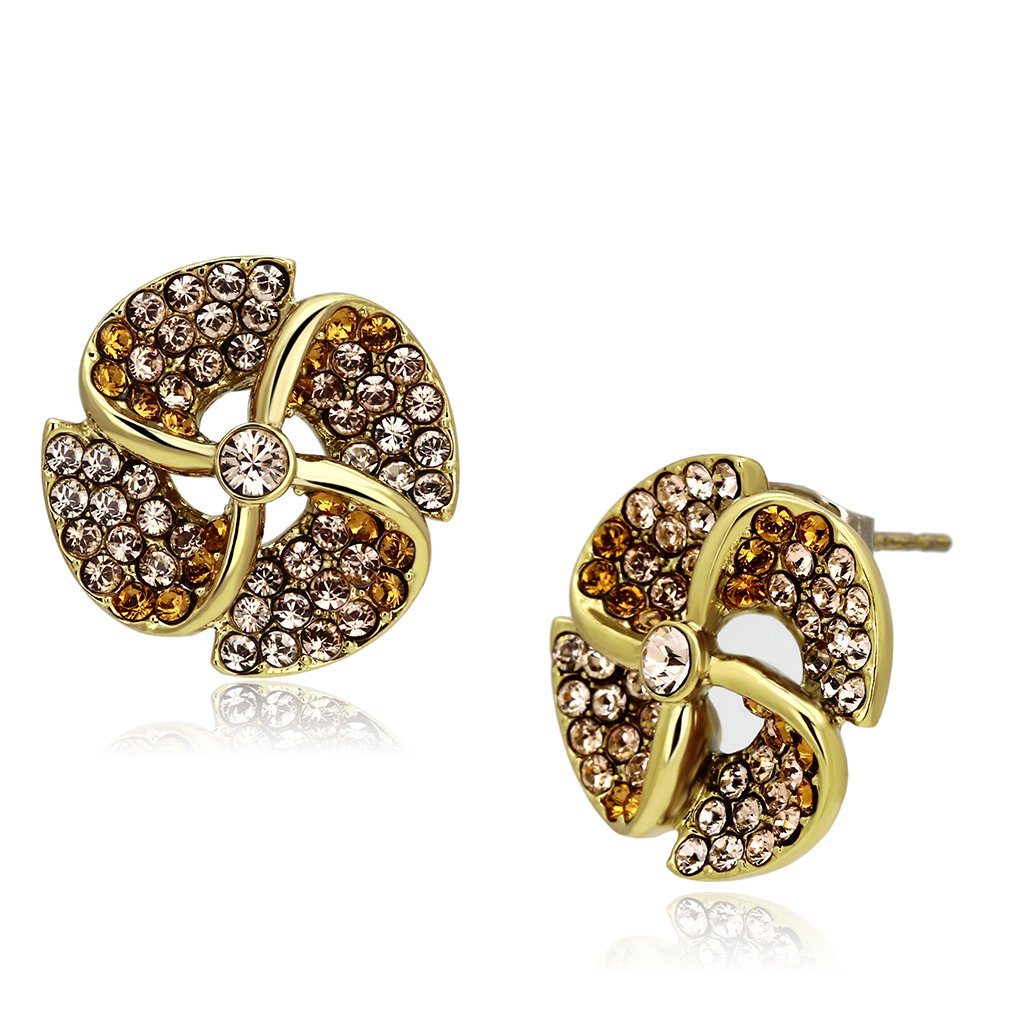 TK1040 IP Gold Stainless Steel Earrings featuring multi-color top-grade crystals, elegantly designed for everyday wear.