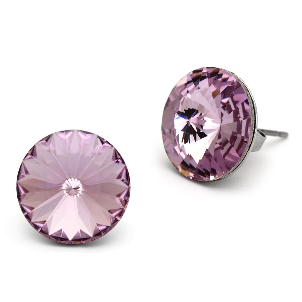 TK1042 High Polished Stainless Steel Earrings featuring Light Amethyst crystal, showcasing a sleek design and elegant finish.