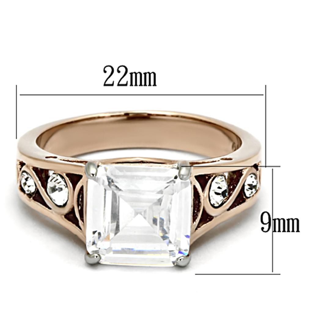 TK1059 Two-Tone IP Rose Gold Stainless Steel Ring featuring a clear AAA Grade CZ stone, showcasing its elegant design and durable material.