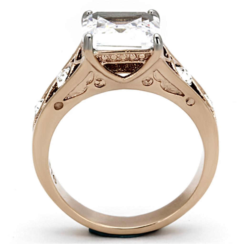 TK1059 Two-Tone IP Rose Gold Stainless Steel Ring featuring a clear AAA Grade CZ stone, showcasing its elegant design and durable material.