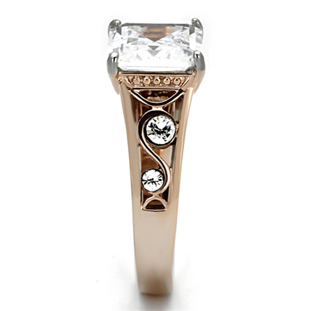 TK1059 Two-Tone IP Rose Gold Stainless Steel Ring featuring a clear AAA Grade CZ stone, showcasing its elegant design and durable material.
