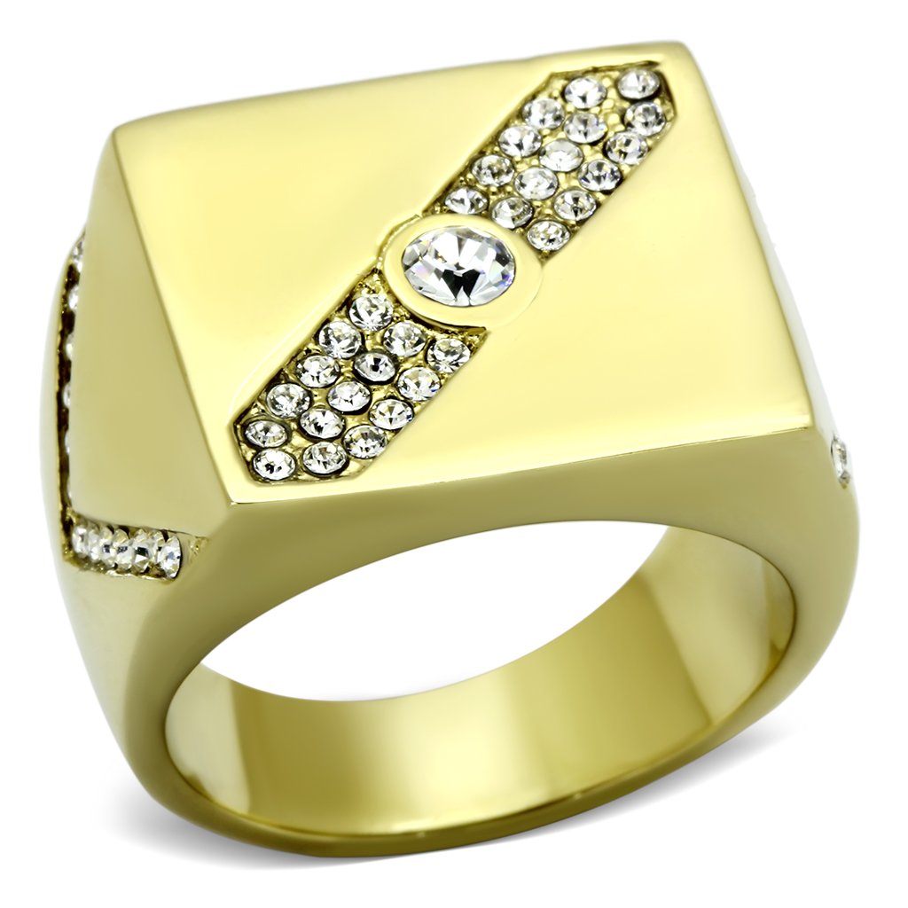 TK1066 IP Gold Stainless Steel Ring featuring a clear top-grade crystal centerpiece, showcasing a luxurious design and durable materials.