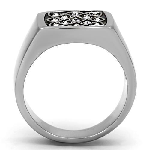 TK1060 High Polished Stainless Steel Ring featuring a clear top-grade crystal centerpiece, showcasing its elegant design and shine.