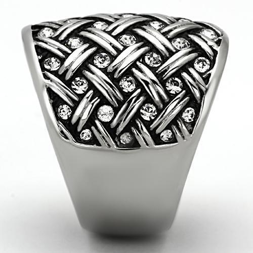 High polished stainless steel ring featuring a clear top-grade crystal centerpiece, showcasing a sleek and elegant design.