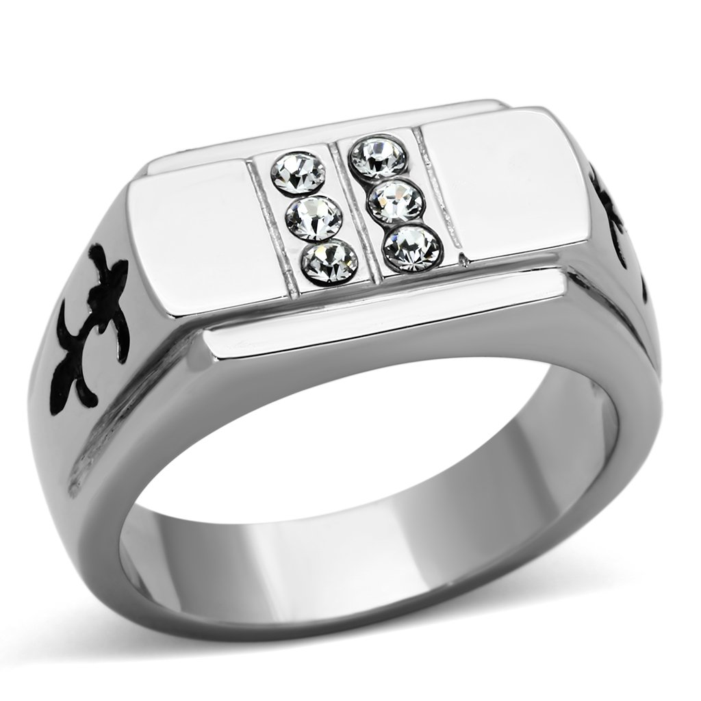 TK1071 High Polished Stainless Steel Ring featuring a clear top grade crystal centerpiece, showcasing a shiny and elegant design.