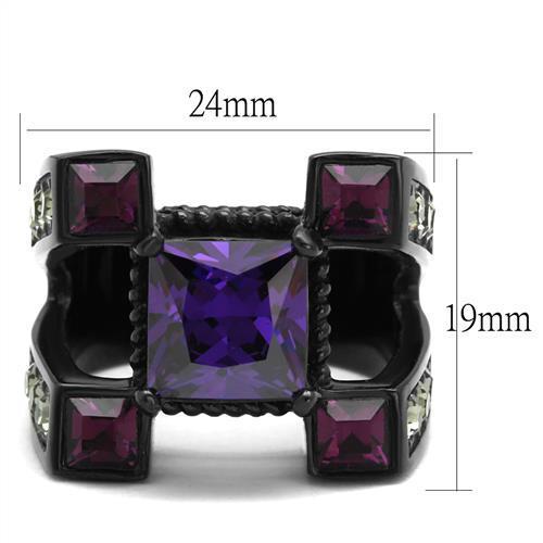 TK1072J IP Black Stainless Steel Ring featuring an AAA Grade CZ center stone in Amethyst color, showcasing a modern design.