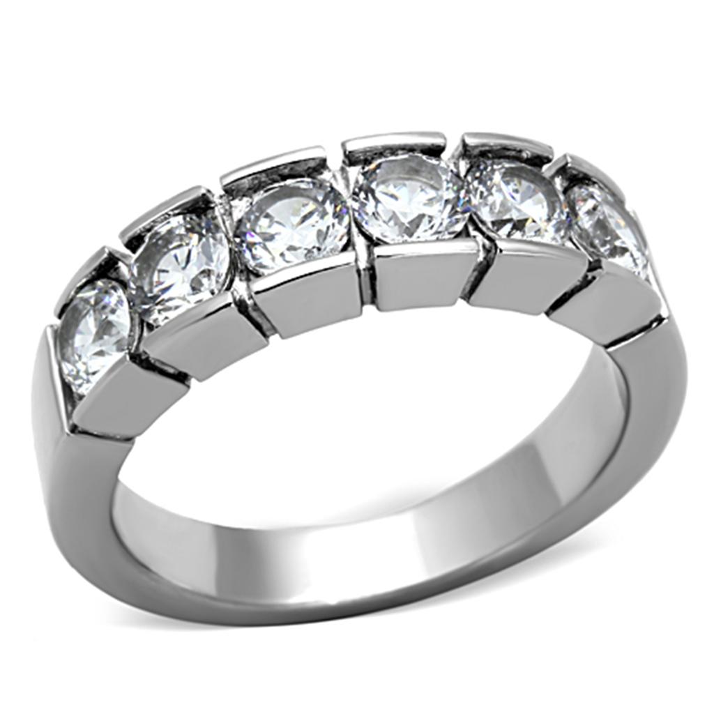 TK1082 High Polished Stainless Steel Ring featuring a clear AAA Grade CZ stone, showcasing its elegant design and shine.