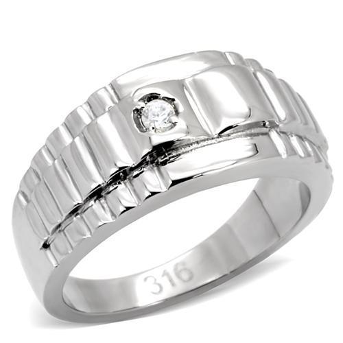 TK120 High Polished Stainless Steel Ring featuring a clear AAA Grade CZ stone, showcasing a sleek and modern design.