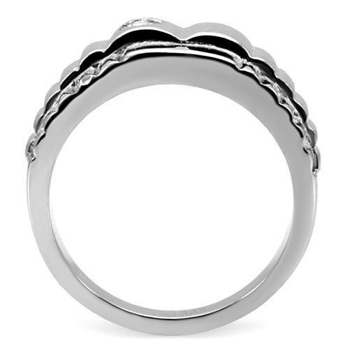 TK120 High Polished Stainless Steel Ring featuring a clear AAA Grade CZ stone, showcasing a sleek and modern design.
