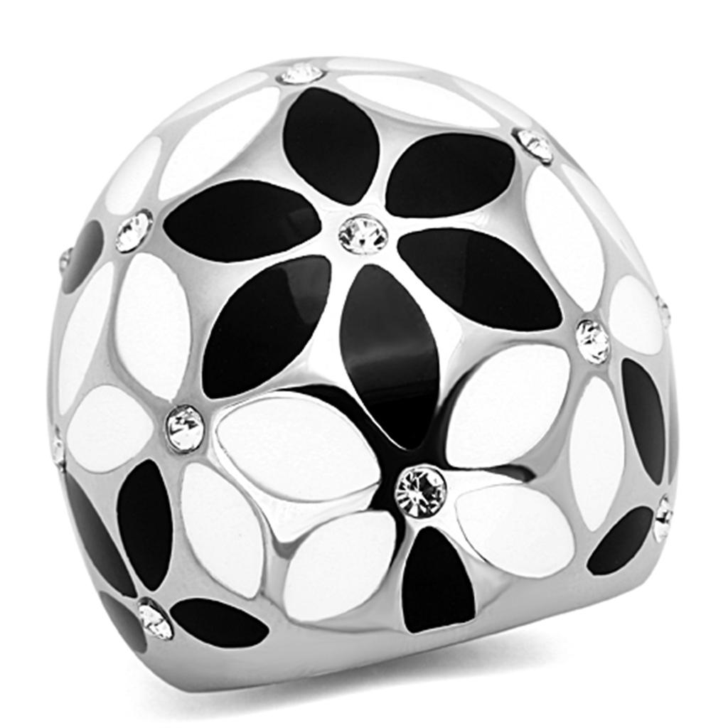 TK1210 High Polished Stainless Steel Ring featuring a clear top grade crystal centerpiece, showcasing its elegant design.