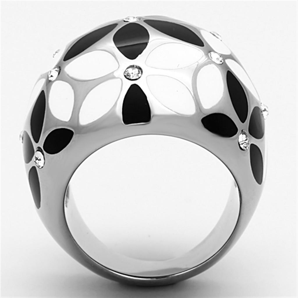 TK1210 High Polished Stainless Steel Ring featuring a clear top grade crystal centerpiece, showcasing its elegant design.