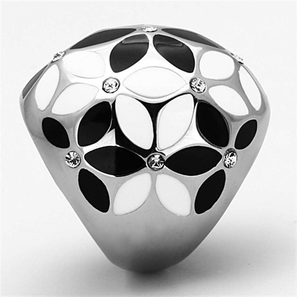 TK1210 High Polished Stainless Steel Ring featuring a clear top grade crystal centerpiece, showcasing its elegant design.