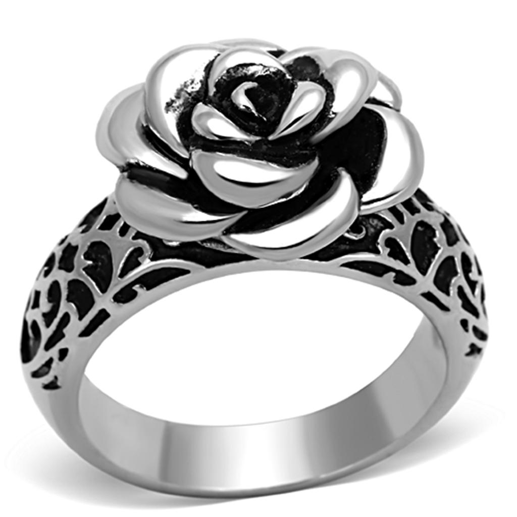 TK1217 High Polished Stainless Steel Ring featuring a jet black epoxy center stone, showcasing a sleek and elegant design.