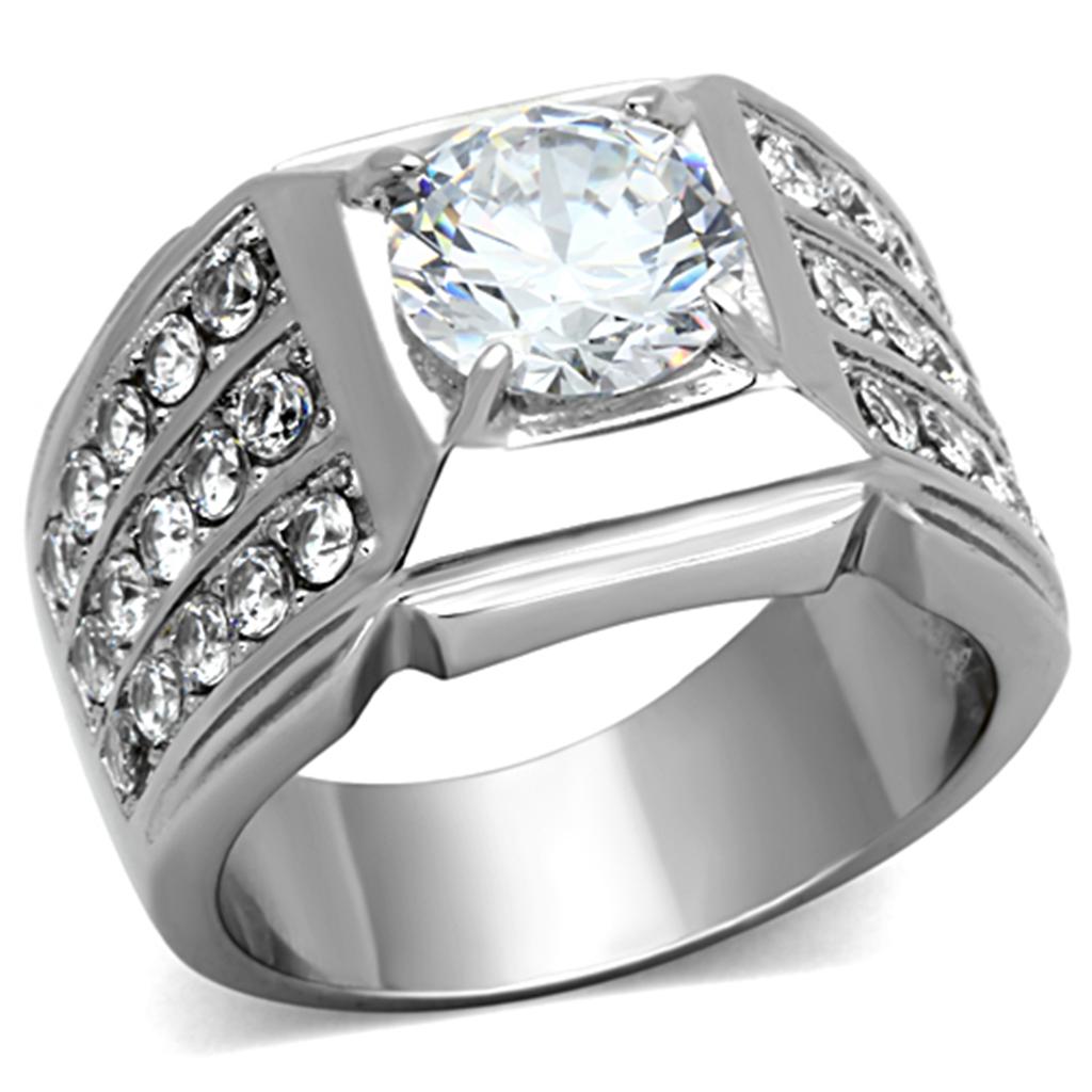 TK1233 High Polished Stainless Steel Ring featuring a clear AAA Grade CZ stone, showcasing its elegant design and shiny finish.