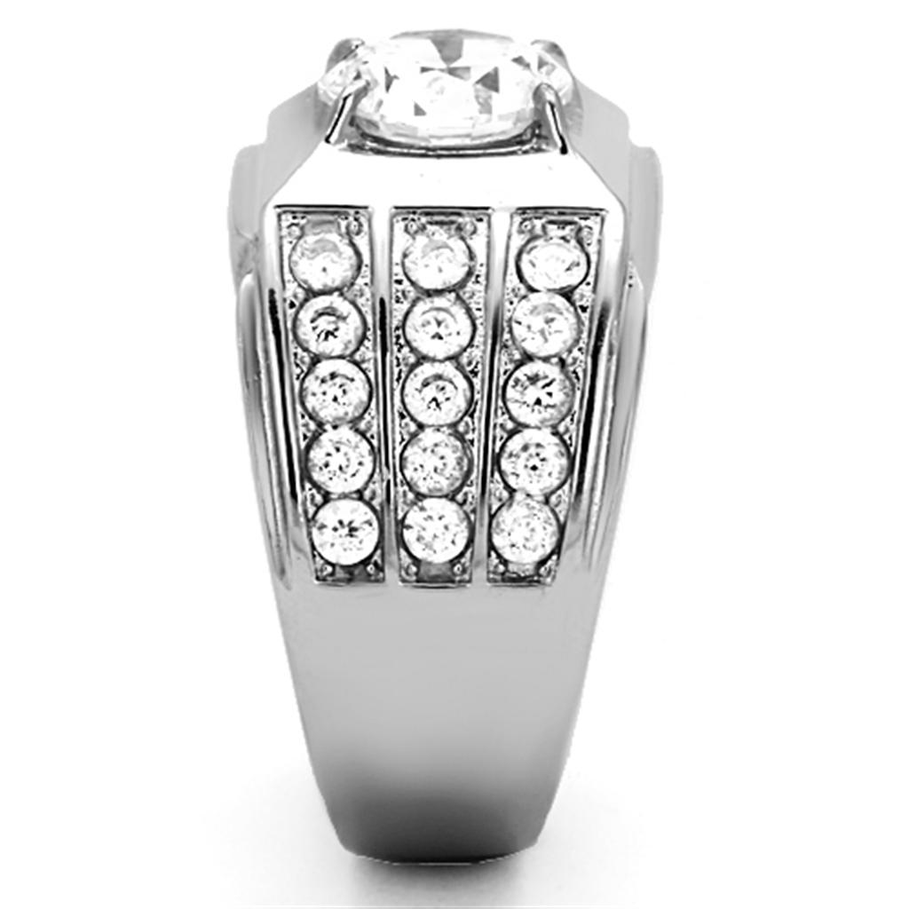 TK1233 High Polished Stainless Steel Ring featuring a clear AAA Grade CZ stone, showcasing its elegant design and shiny finish.