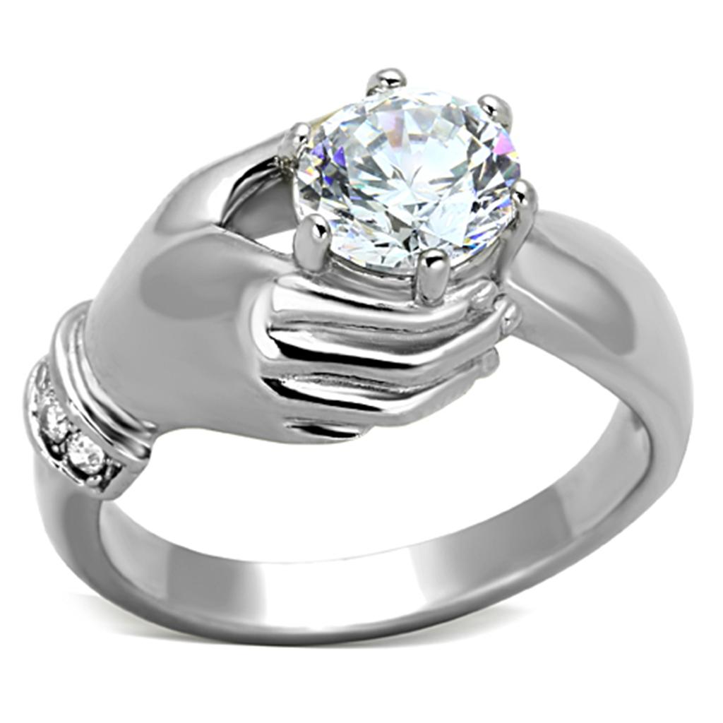 TK1230 High Polished Stainless Steel Ring featuring a clear AAA Grade CZ center stone, showcasing a sleek and modern design.