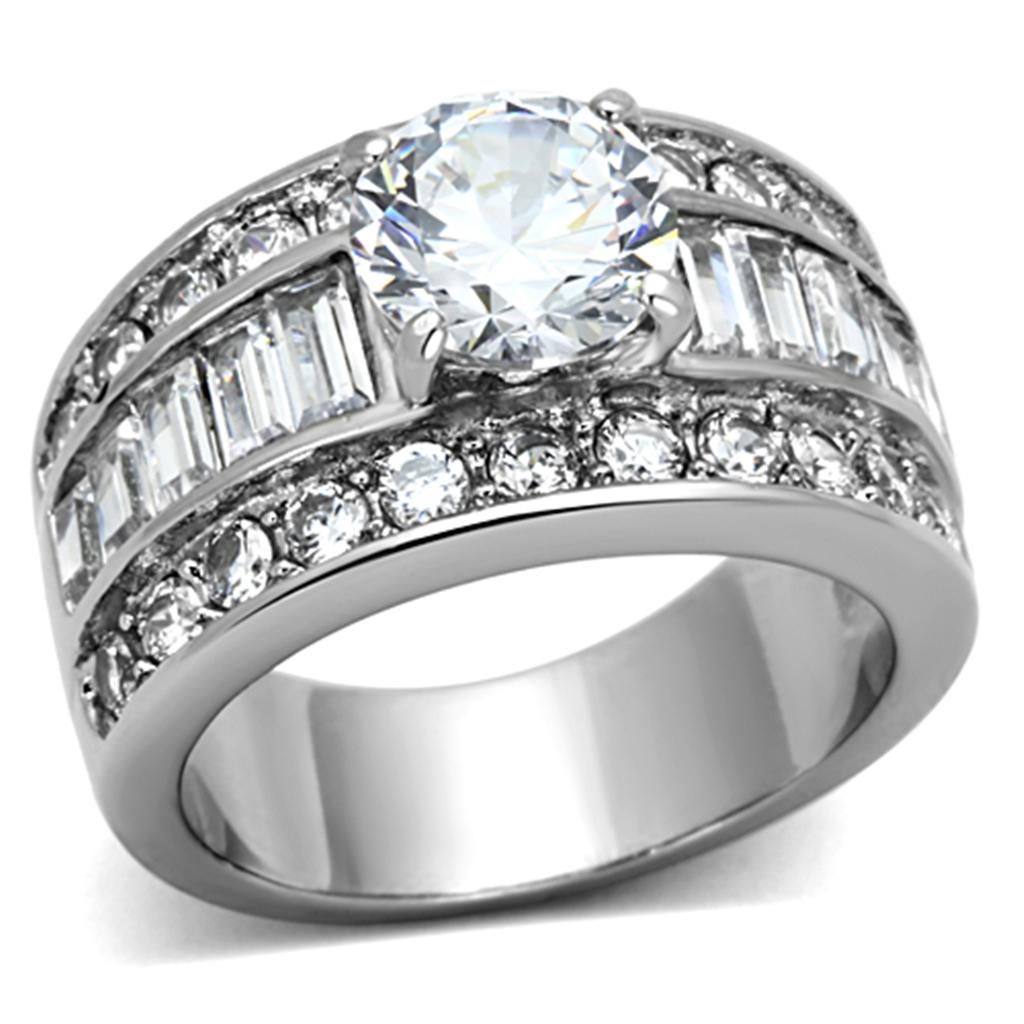 TK1232 High Polished Stainless Steel Ring featuring a clear AAA Grade CZ stone, showcasing its elegant design and shine.