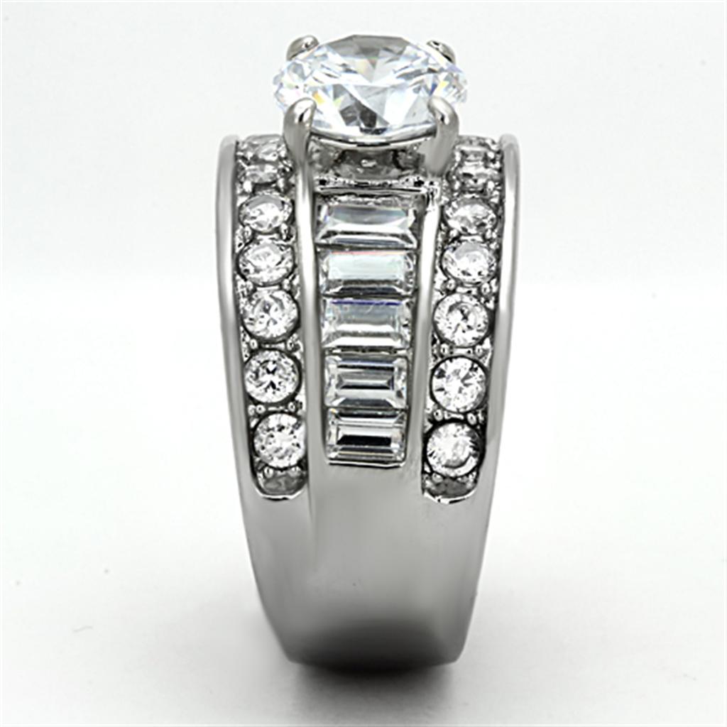 TK1232 High Polished Stainless Steel Ring featuring a clear AAA Grade CZ stone, showcasing its elegant design and shine.