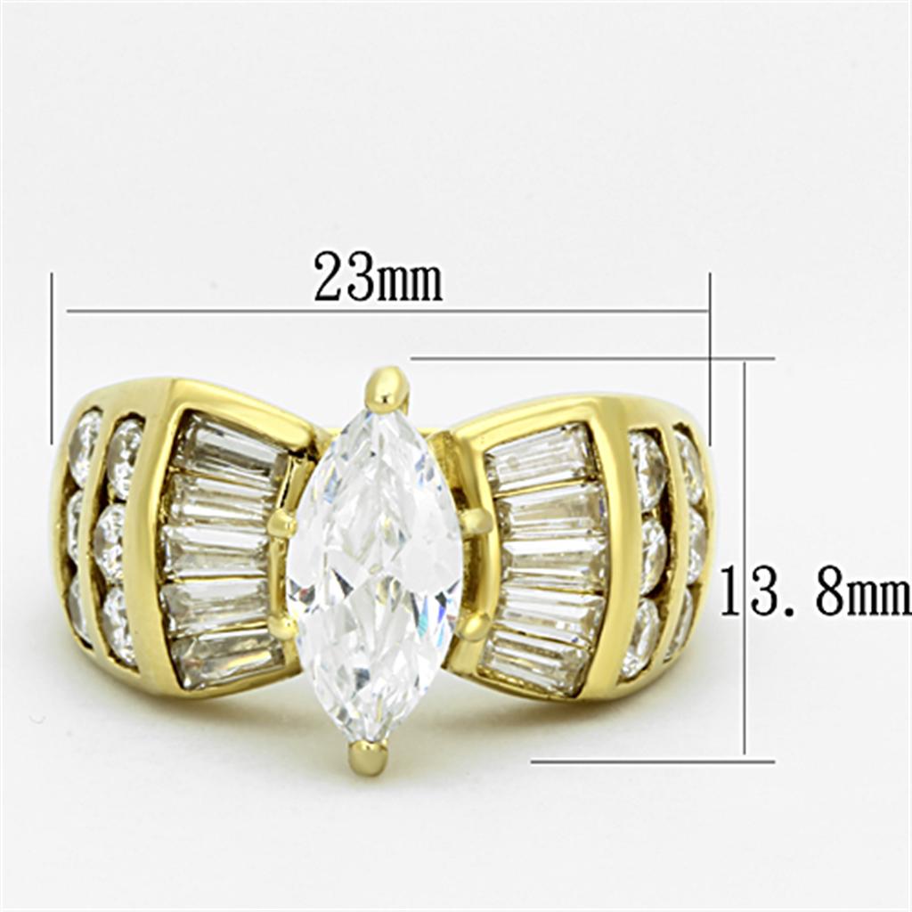 TK1235 IP Gold Stainless Steel Ring featuring a clear AAA Grade CZ center stone, showcasing its elegant design and luxurious finish.