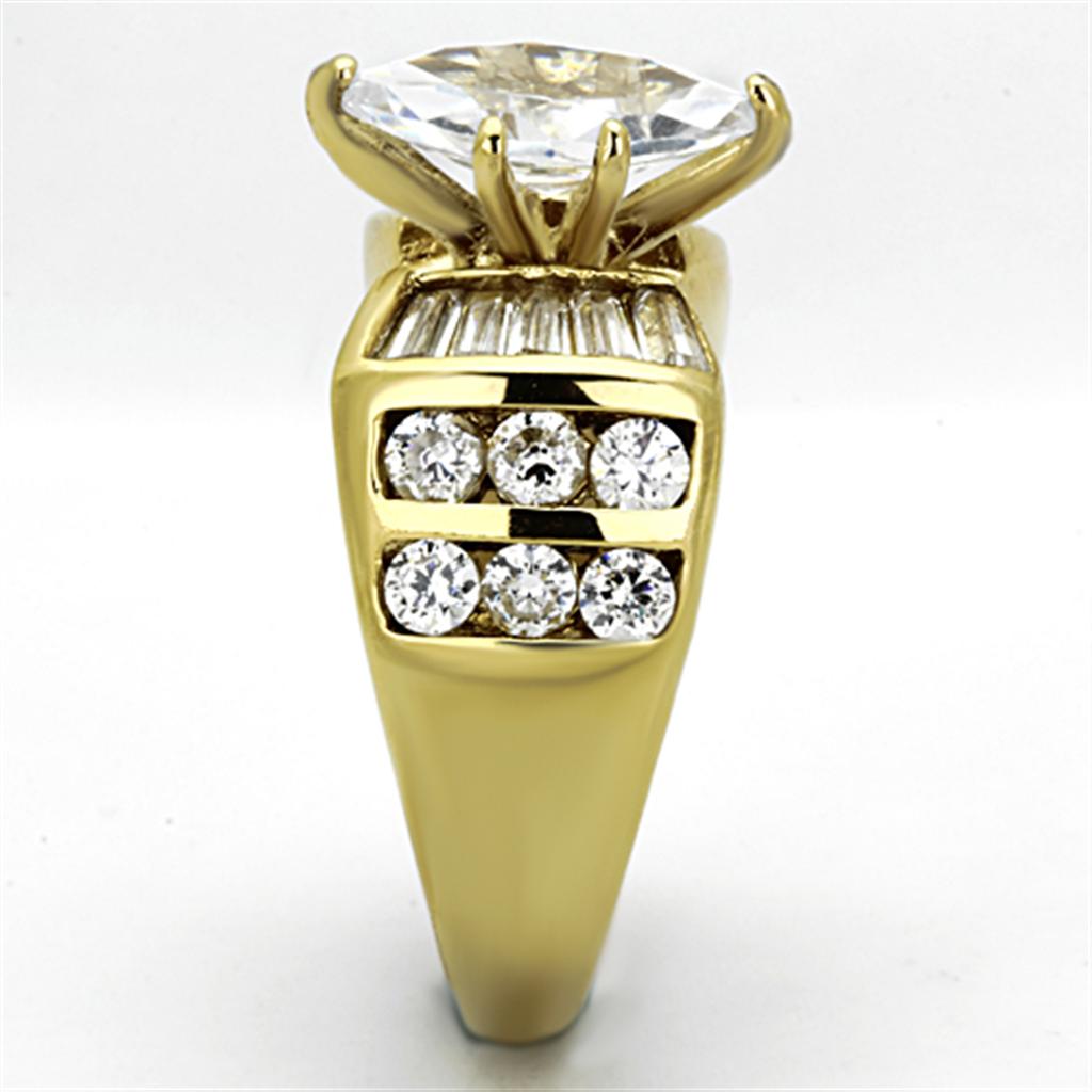 TK1235 IP Gold Stainless Steel Ring featuring a clear AAA Grade CZ center stone, showcasing its elegant design and luxurious finish.