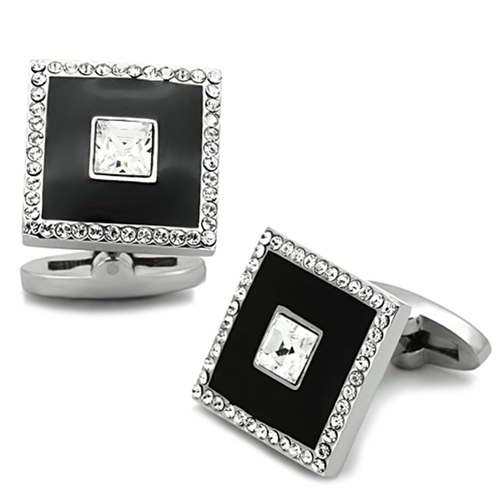 High polished stainless steel cufflinks with clear top grade crystal centerpiece, showcasing elegance and sophistication.