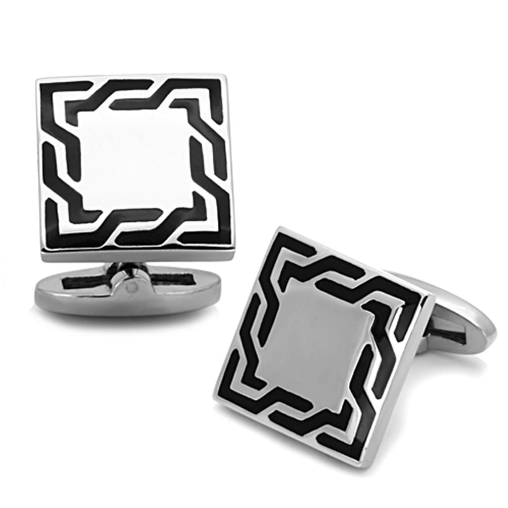 High polished stainless steel cufflink with jet epoxy center stone, showcasing elegance and sophistication.
