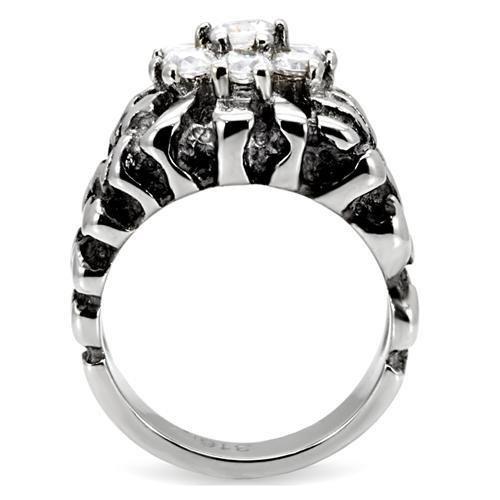 TK125 High Polished Stainless Steel Ring featuring a clear AAA Grade CZ center stone, showcasing its elegant design and shiny finish.