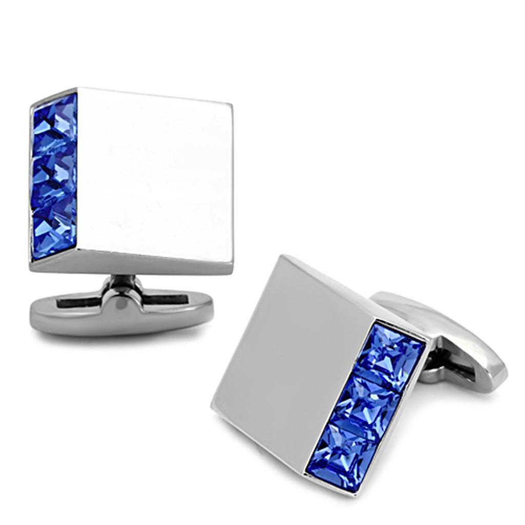 High polished stainless steel cufflink featuring a sapphire crystal centerpiece, showcasing elegance and sophistication.