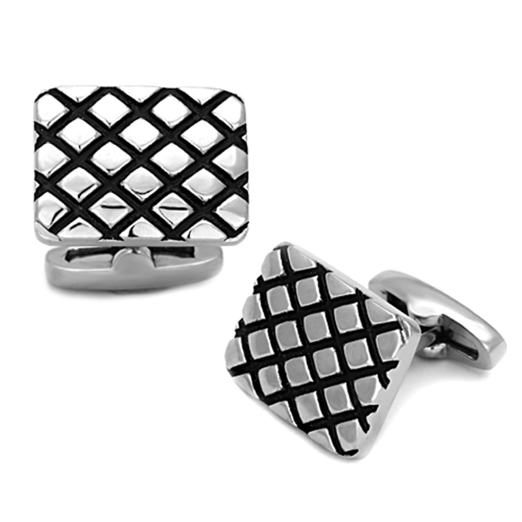 High polished stainless steel cufflinks with jet epoxy center stone, showcasing elegance and sophistication.