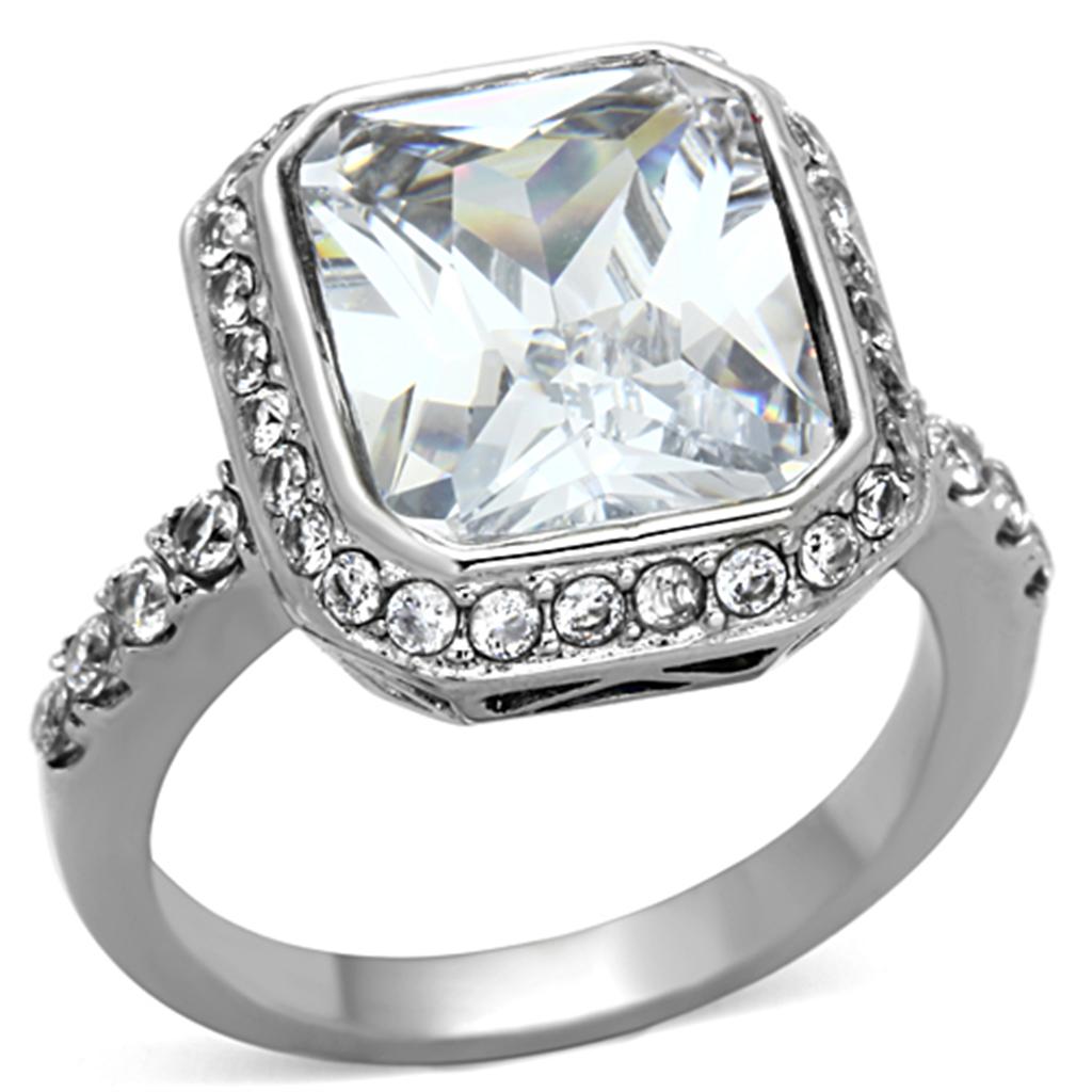 TK1226 High Polished Stainless Steel Ring featuring a clear AAA Grade CZ center stone, showcasing its elegant design and shiny finish.