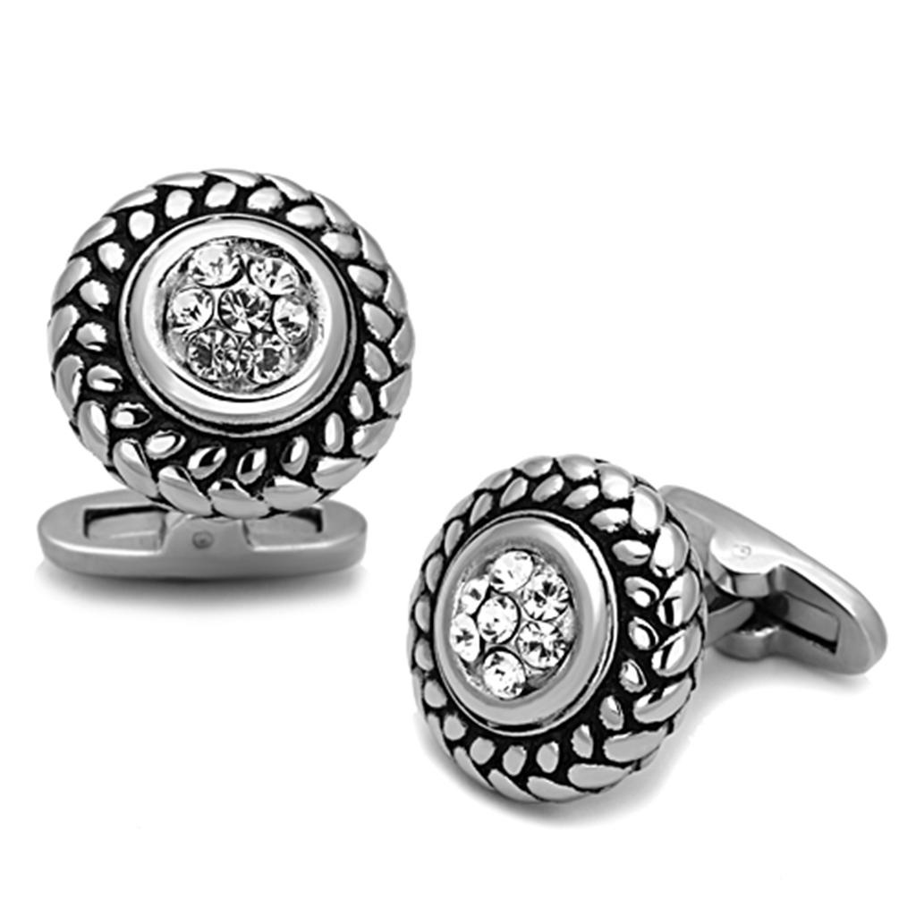High polished stainless steel cufflinks featuring a clear top grade crystal centerpiece, elegantly designed for formal occasions.