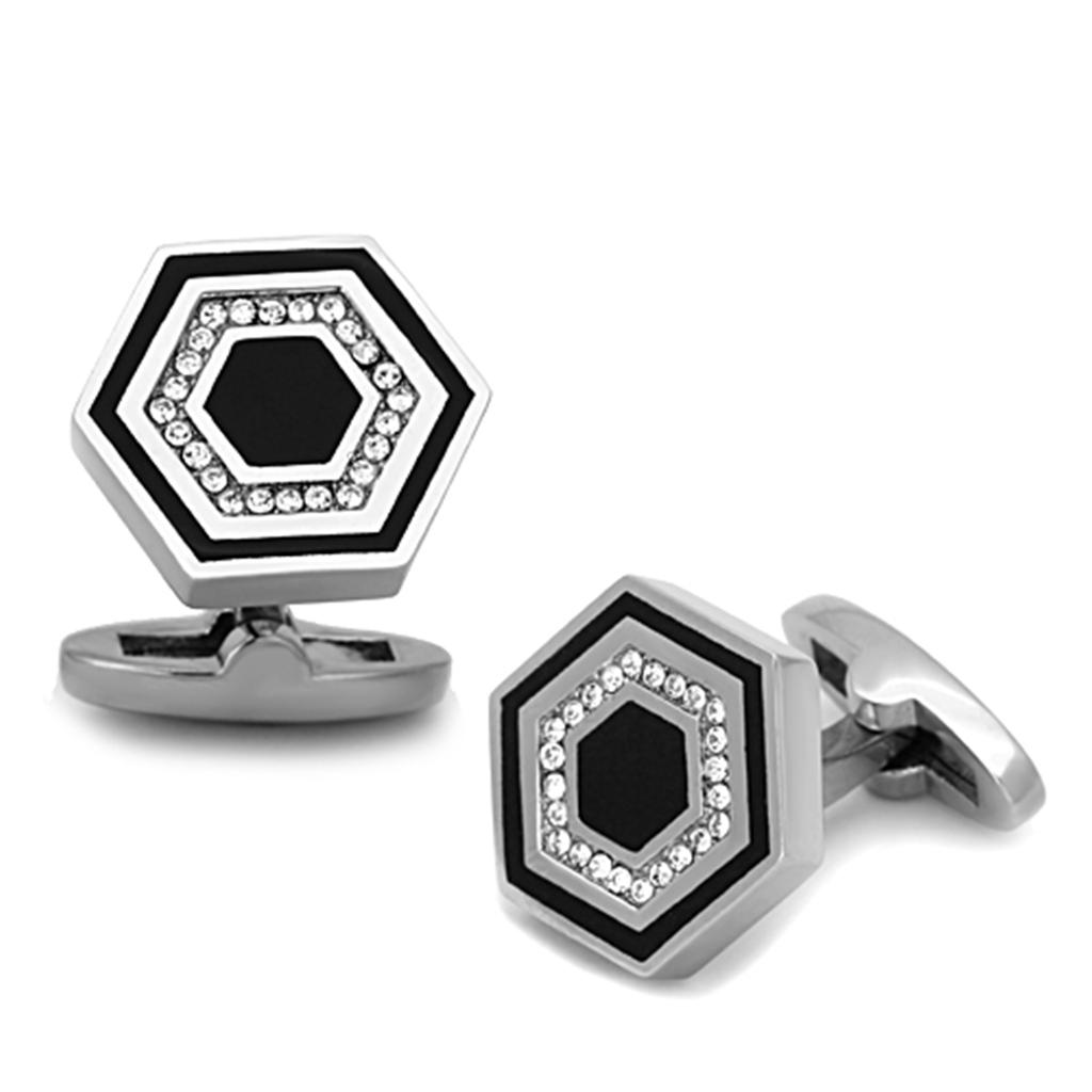 High polished stainless steel cufflink with clear top-grade crystal centerpiece, showcasing elegance and sophistication.