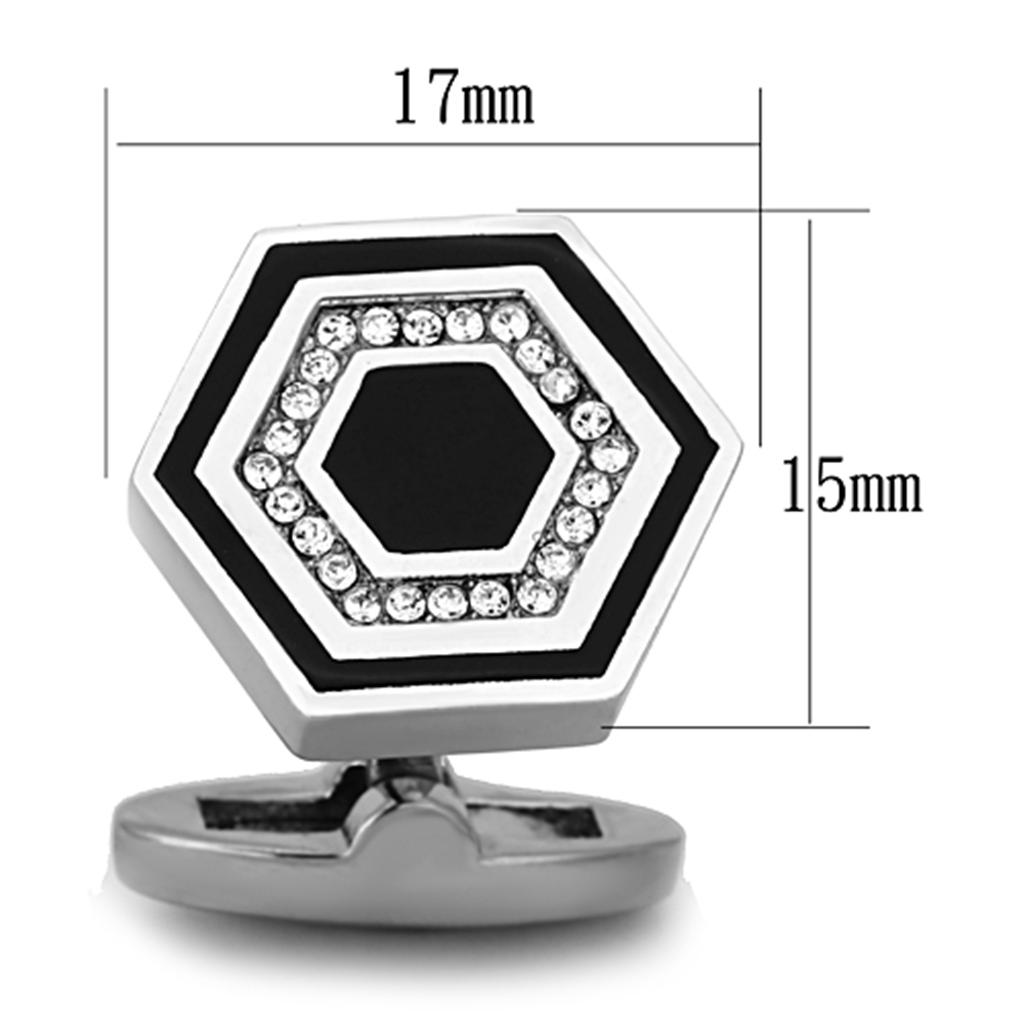 High polished stainless steel cufflink with clear top-grade crystal centerpiece, showcasing elegance and sophistication.