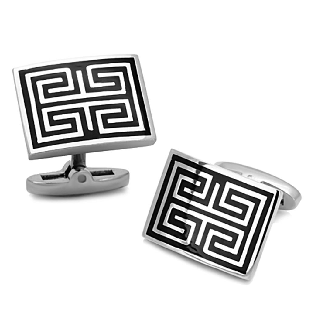 High polished stainless steel cufflink with jet epoxy center stone, showcasing a sleek and elegant design.