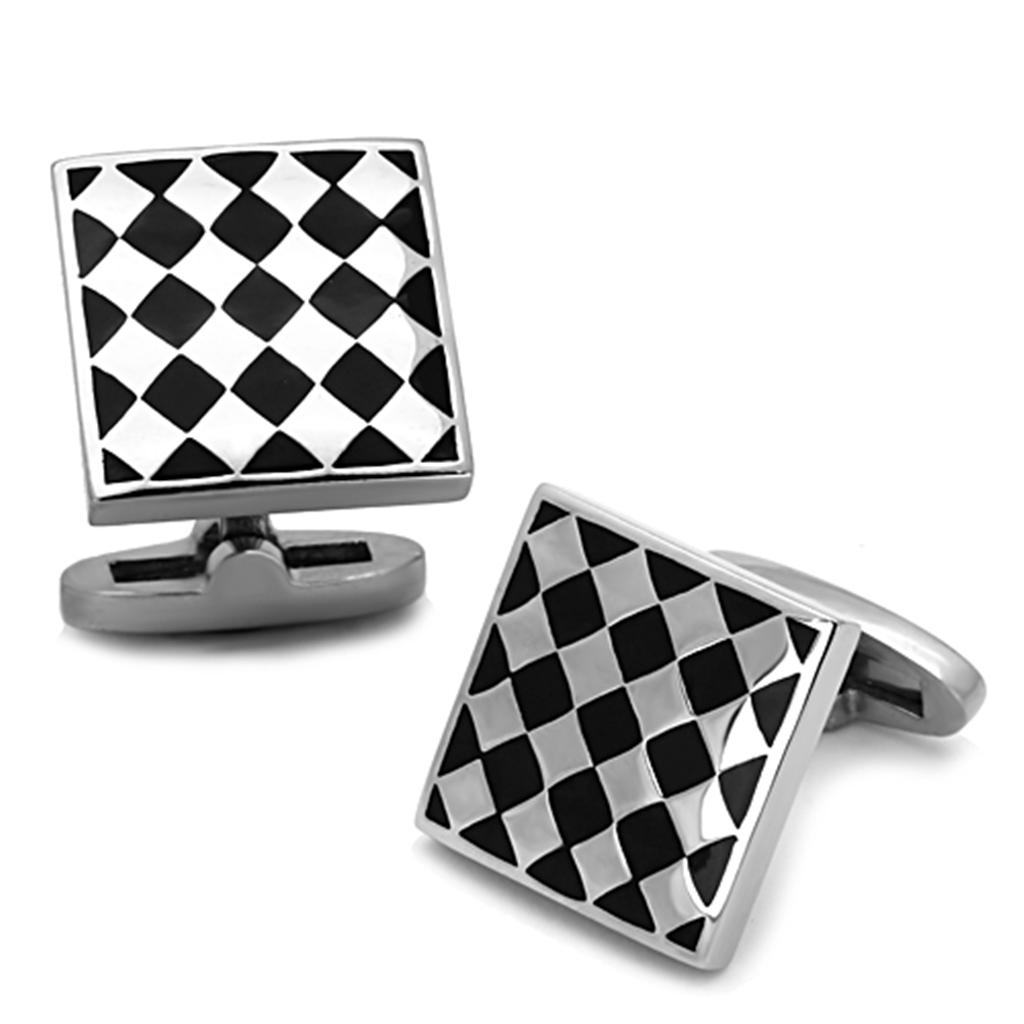 High polished stainless steel cufflinks with jet epoxy center stone, showcasing elegance and sophistication.