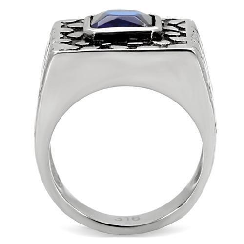 TK128 High Polished Stainless Steel Ring featuring a synthetic Montana glass stone, showcasing its elegant design and shine.