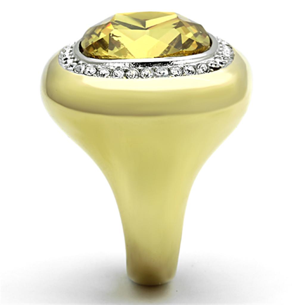TK1285 Two-Tone IP Gold Stainless Steel Ring featuring a synthetic topaz stone, showcasing a stylish and elegant design.