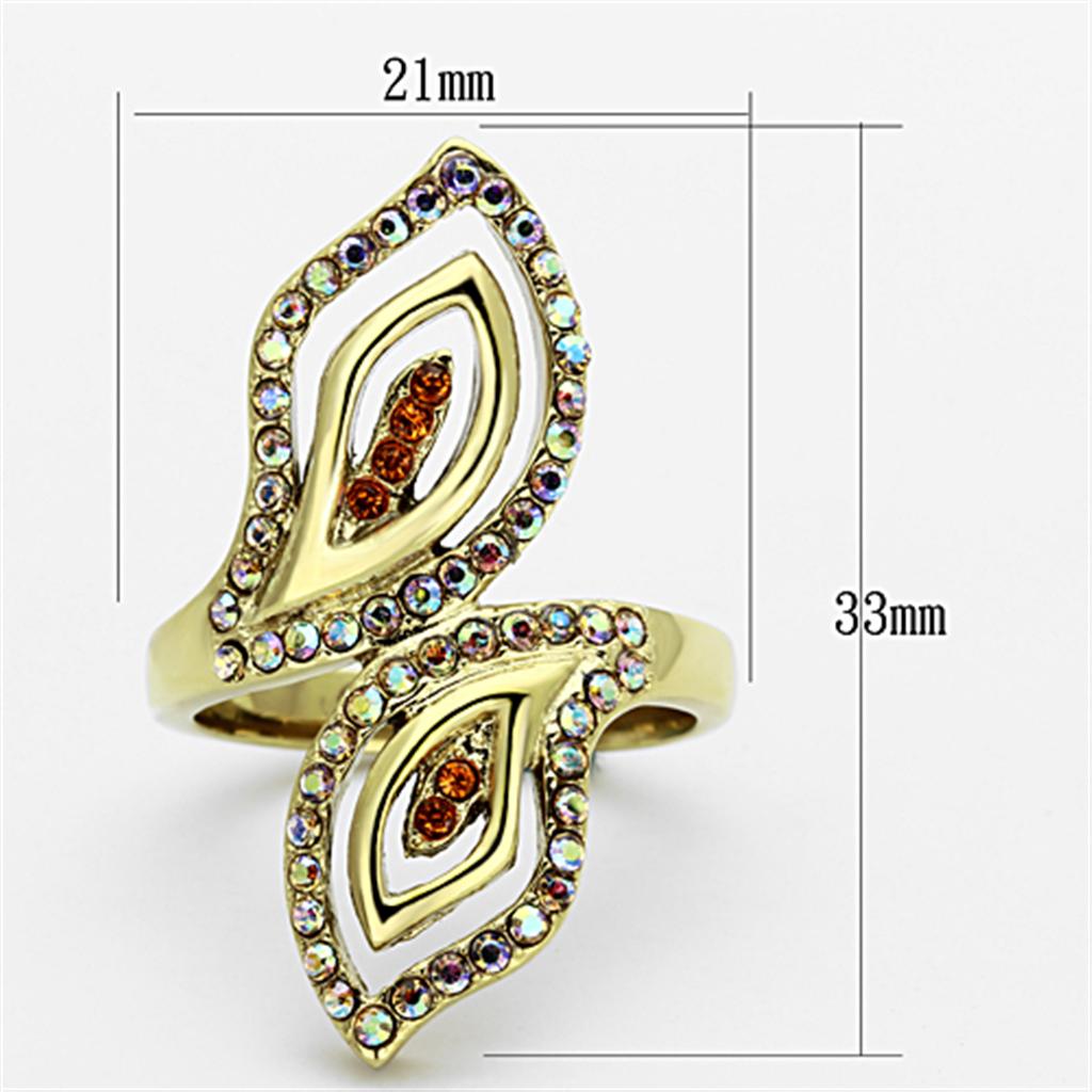 TK1289 IP Gold Stainless Steel Ring featuring a multi-color top-grade crystal centerpiece, showcasing elegance and durability.