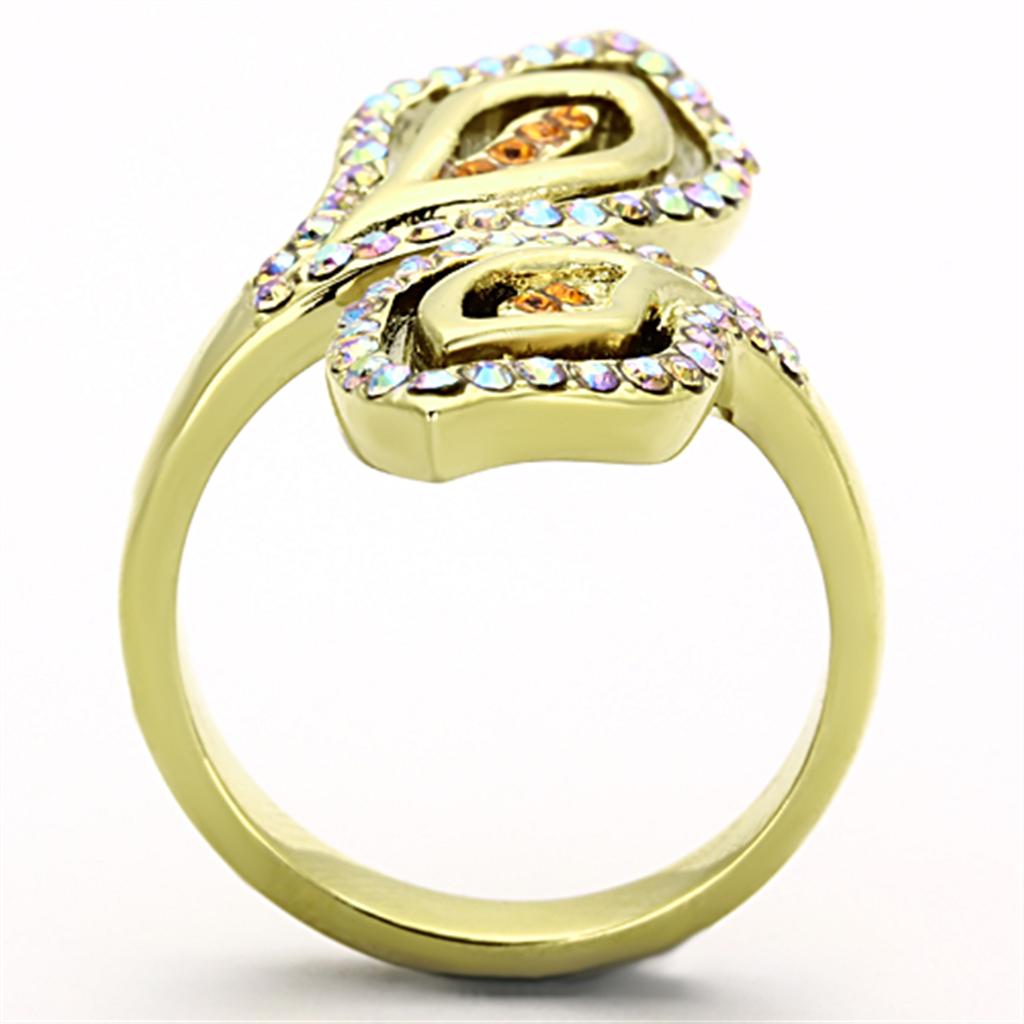 TK1289 IP Gold Stainless Steel Ring featuring a multi-color top-grade crystal centerpiece, showcasing elegance and durability.