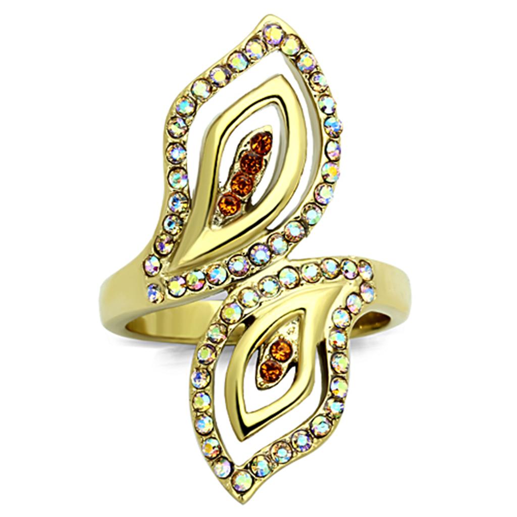TK1289 IP Gold Stainless Steel Ring featuring a multi-color top-grade crystal centerpiece, showcasing elegance and durability.