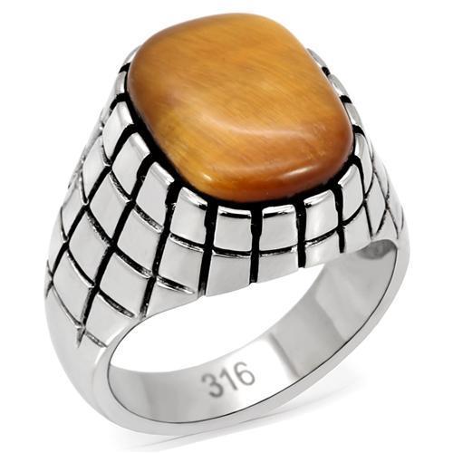 TK129 High Polished Stainless Steel Ring featuring a synthetic Tiger Eye stone in topaz color, showcasing its elegant design and shine.