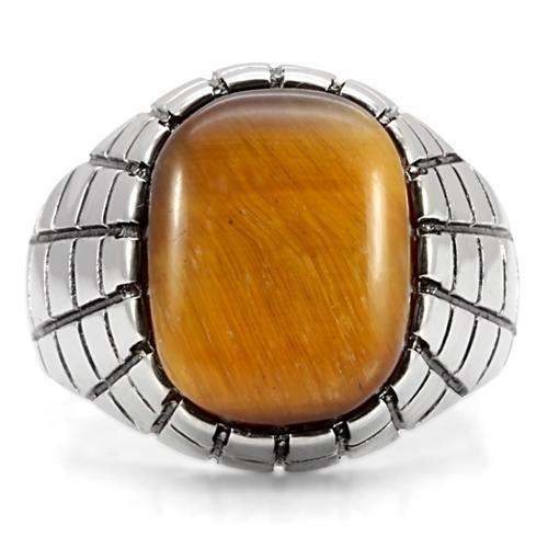 TK129 High Polished Stainless Steel Ring featuring a synthetic Tiger Eye stone in topaz color, showcasing its elegant design and shine.