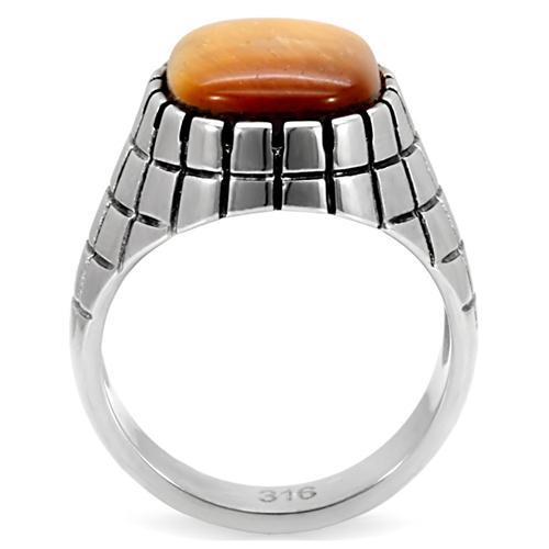 TK129 High Polished Stainless Steel Ring featuring a synthetic Tiger Eye stone in topaz color, showcasing its elegant design and shine.