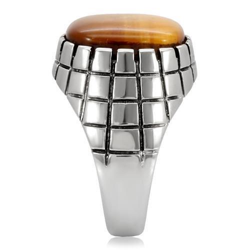 TK129 High Polished Stainless Steel Ring featuring a synthetic Tiger Eye stone in topaz color, showcasing its elegant design and shine.
