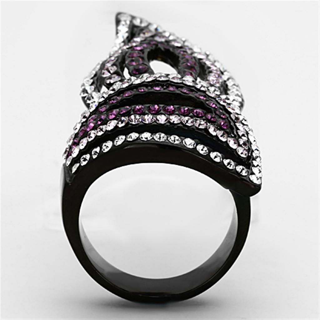 TK1293 IP Black Stainless Steel Ring featuring a multi-color top-grade crystal, showcasing a modern and elegant design.