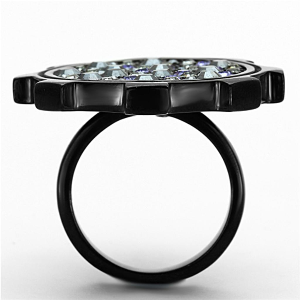 TK1296 IP Black Stainless Steel Ring featuring a multi-color top grade crystal, showcasing a modern and elegant design.