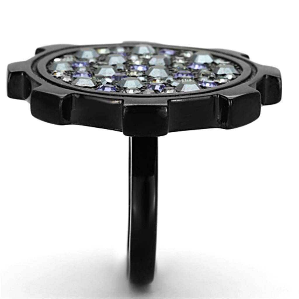 TK1296 IP Black Stainless Steel Ring featuring a multi-color top grade crystal, showcasing a modern and elegant design.